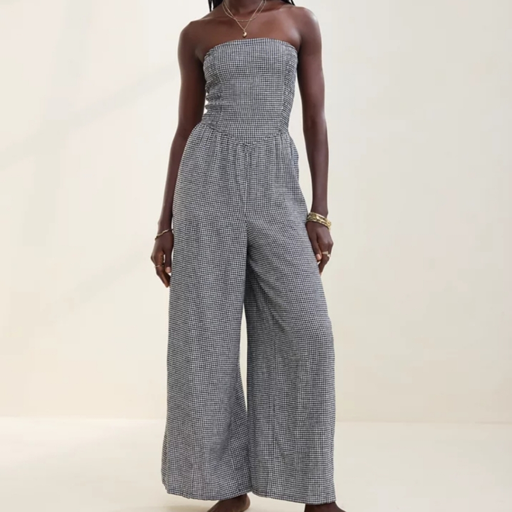 Aerie Black and White Gingham Strapless Jumpsuit Size Small